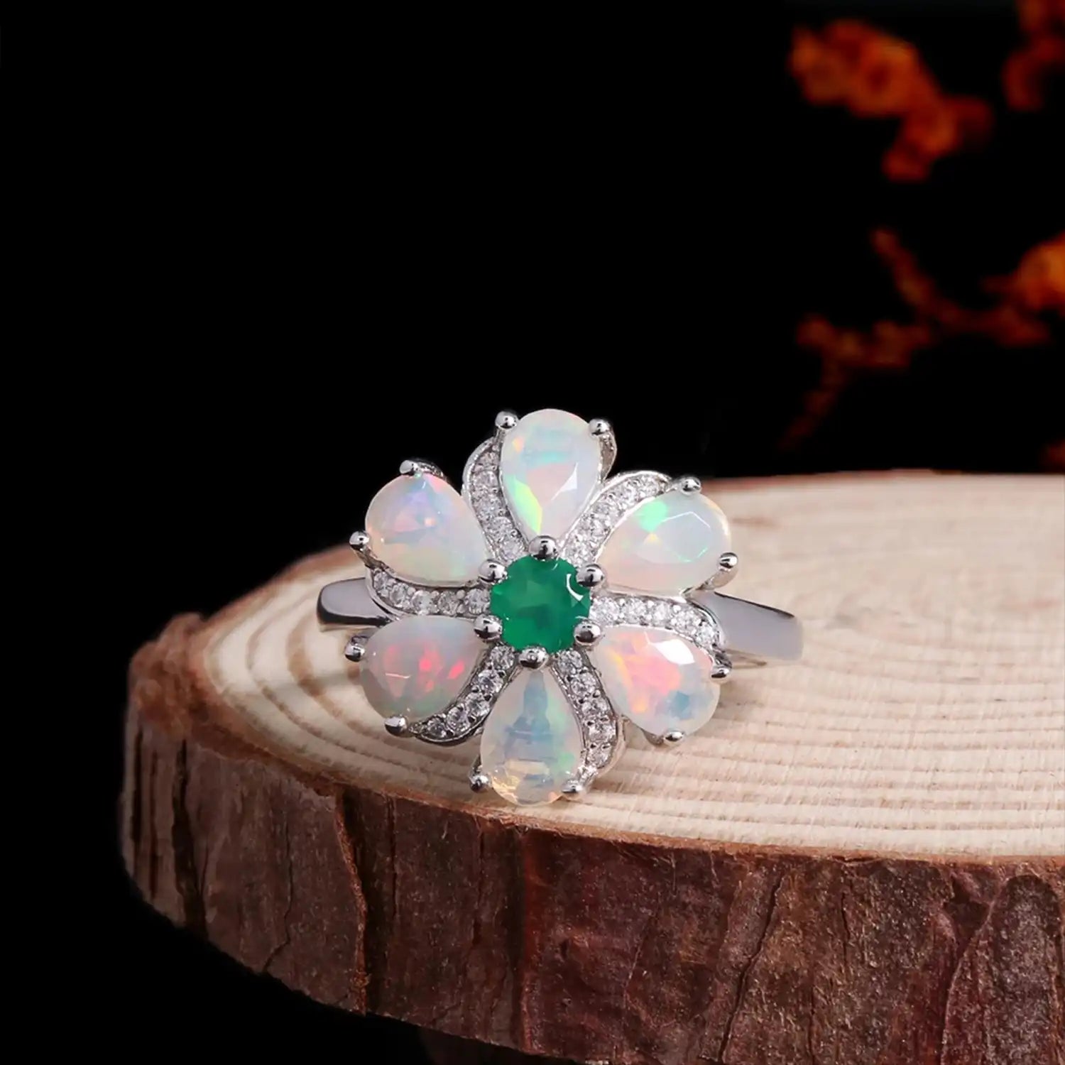 Flower Shape Silver Opal Ring